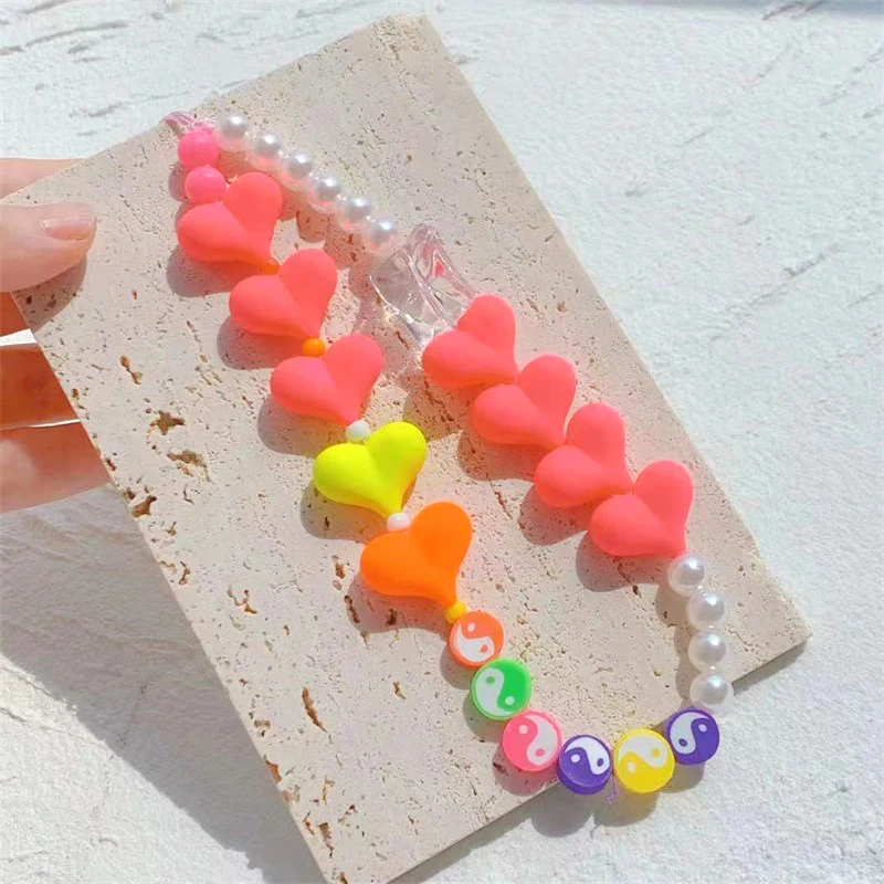 Colorful Heart Pearls Key Chain Ladies Fashion Cute Romantic Vintage Keychain Charm Korea 90s Aesthetic Bag Phone Chain Gift New