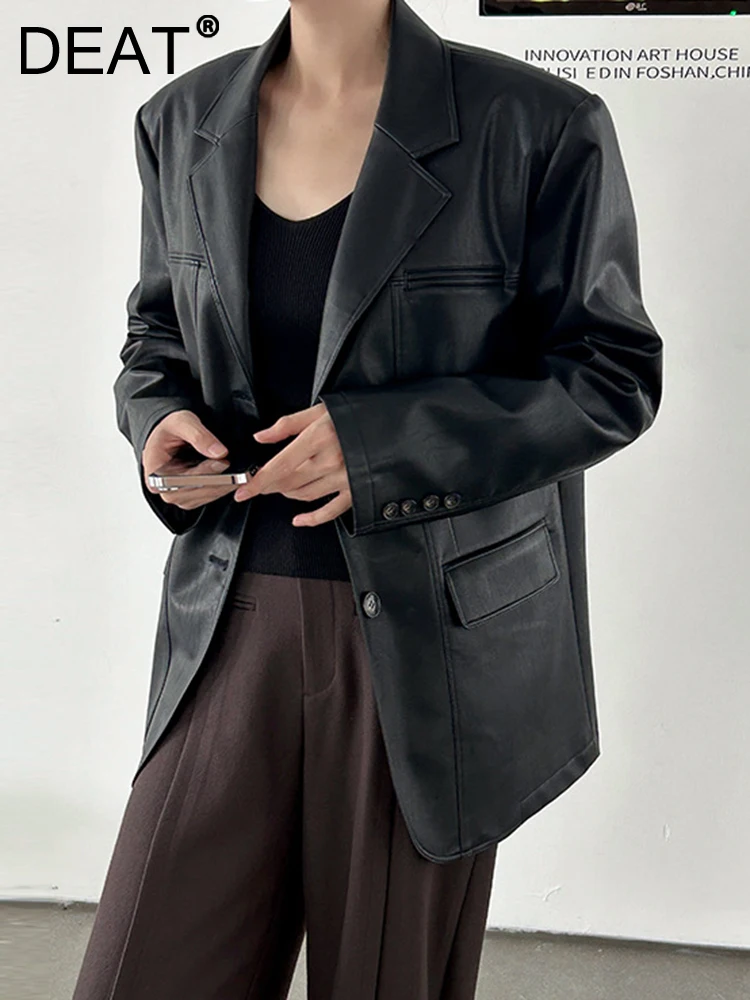 

Женская однобортная кожаная куртка DEAT, жакет из искусственной кожи с отложным воротником и длинными рукавами, модель 7AB1375 на осень, 2023