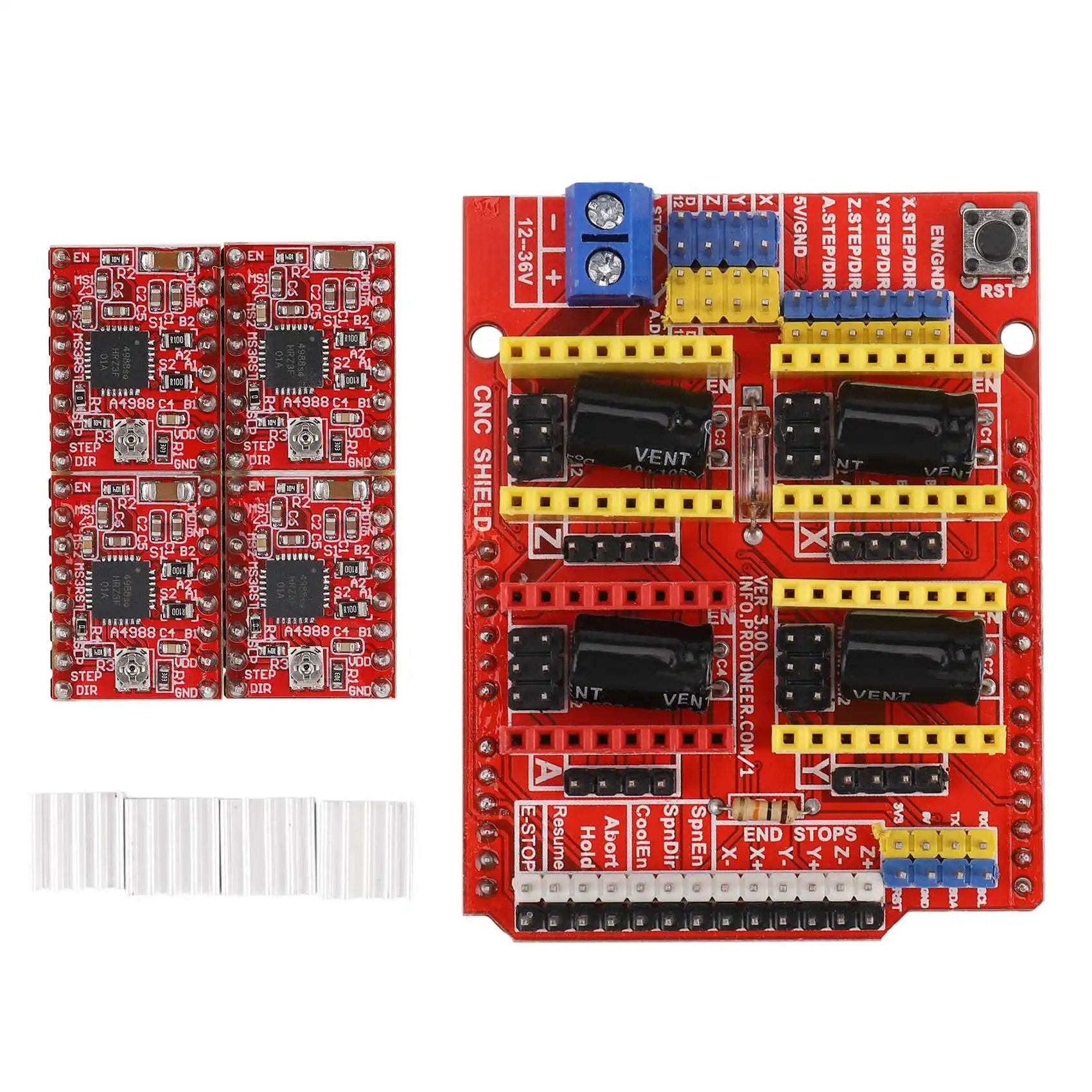 

Защитная плата 3D CNC для UNO R3 + 4 шт. Драйвер шагового двигателя A4988 для 3D-принтера Arduino