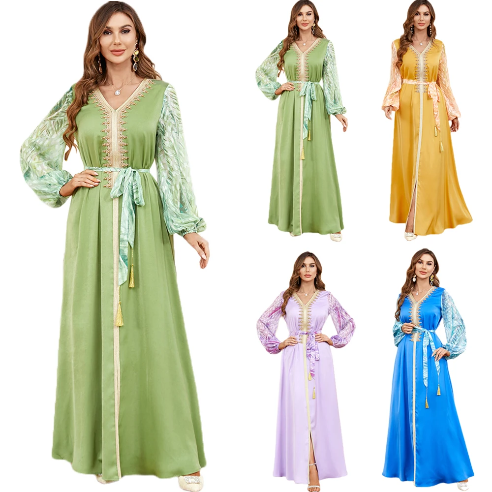 

Beading Kaftan Arab Long Dress Floral Print Evening Party Dresses Gulf Jalabiya Eid Ramadan Muslim Turkish Abaya Moroccan Dress