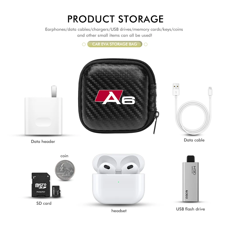 Фото Кабель для передачи данных, зарядное устройство для наушников, USB-накопитель, чехол на молнии, аксессуары для Audi A7 A8 Q2 Q8 RS3 RS4 S5 S6 S7 Q5 Q7 Q3 A3 A4 A6 A5 A1 №4