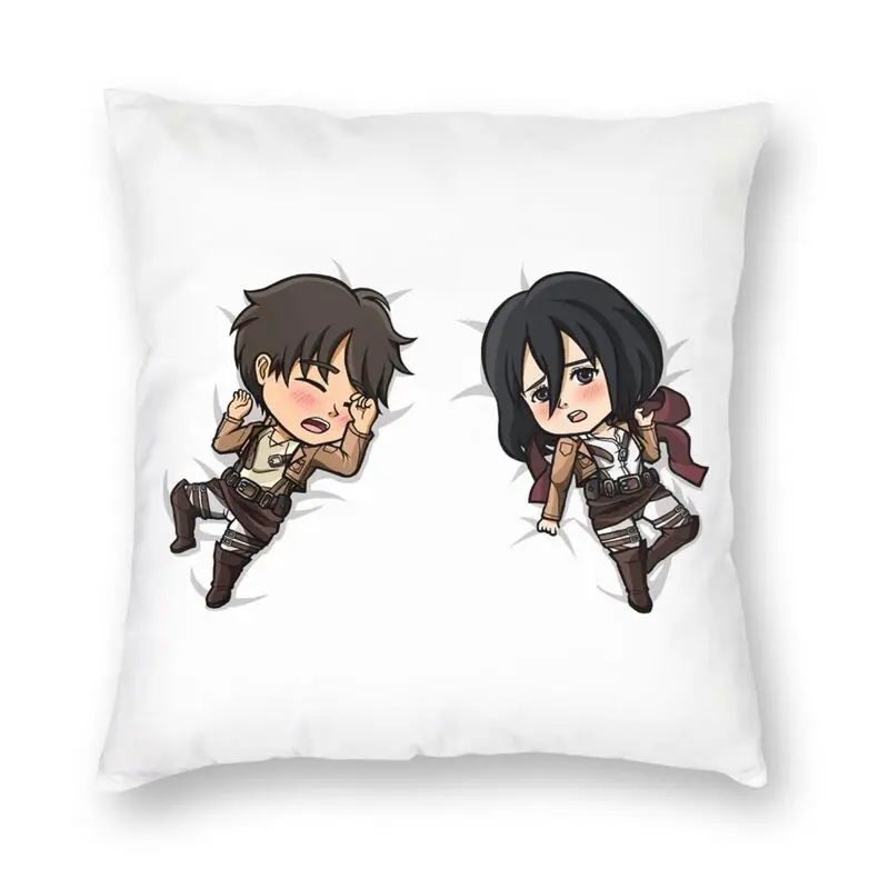 

Eren Jaeger And Mikasa Ackerman Chibi Square Throw Pillow Case Decoration 3D Print Manga Attack On Titan Cushion Cover for Sofa