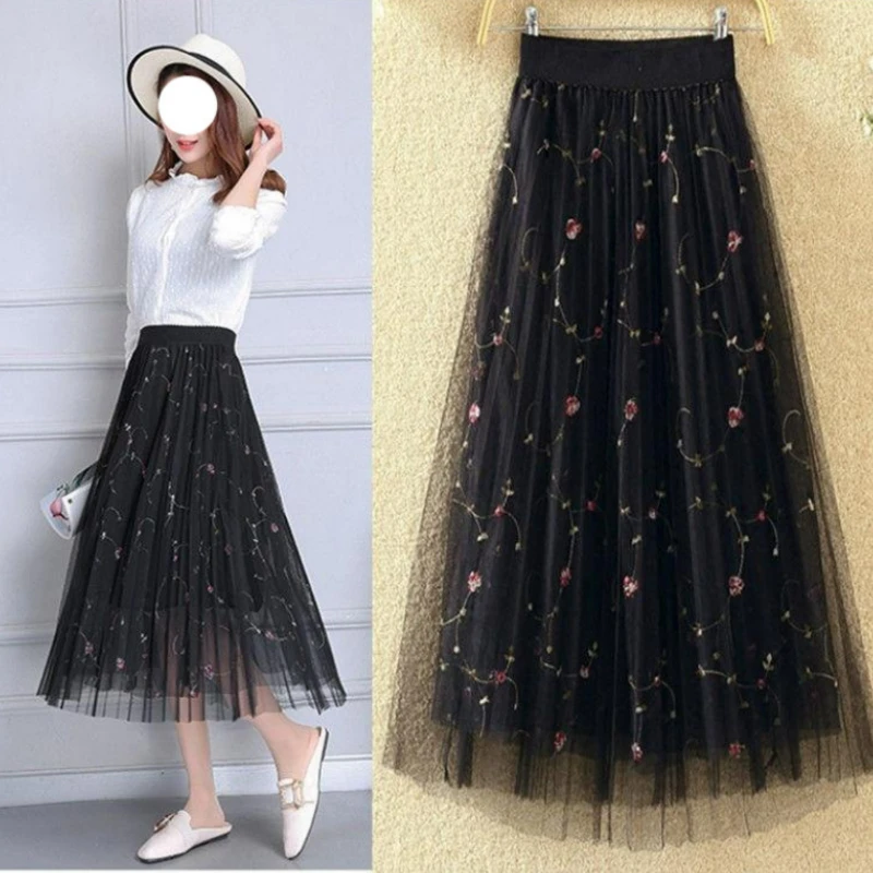 

Pleated Gauze Skirt Women`s Long Spring/summer 2023 High Waist Slim Embroidered A-word Fluffy Skirt Women`s Skirt