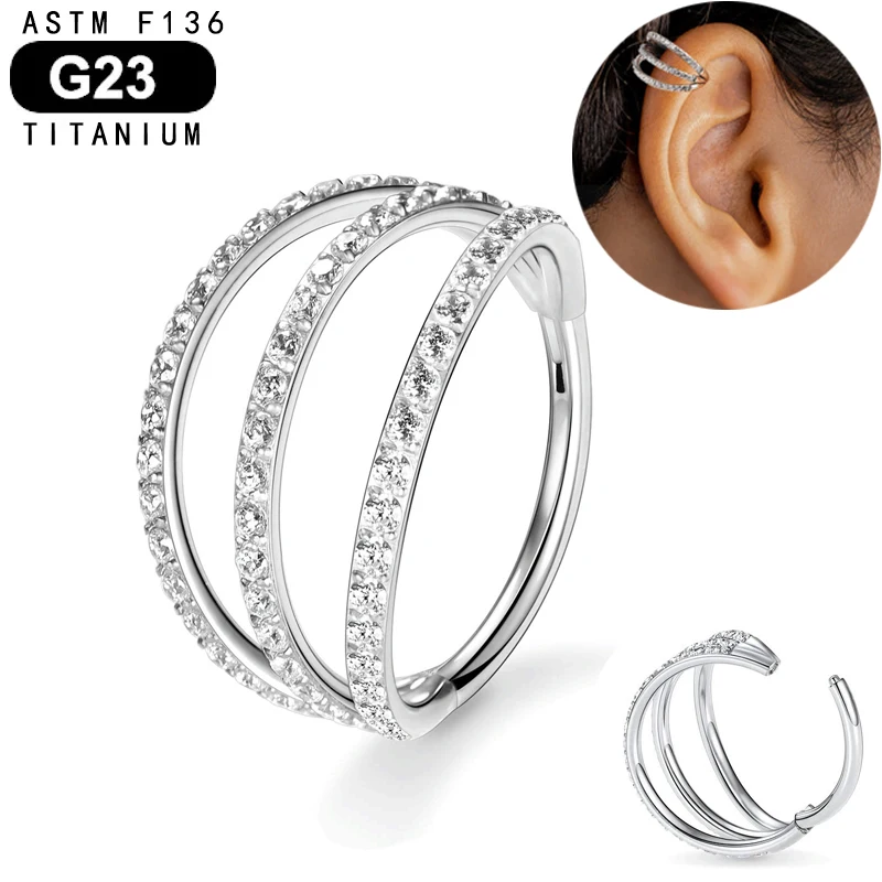 

Ear Piercing Titanium Nose Ring Triple Layer Paved CZ Hinged Segment Hoop Helix Tragus Daith Cartilage Earring Hypoallergenic