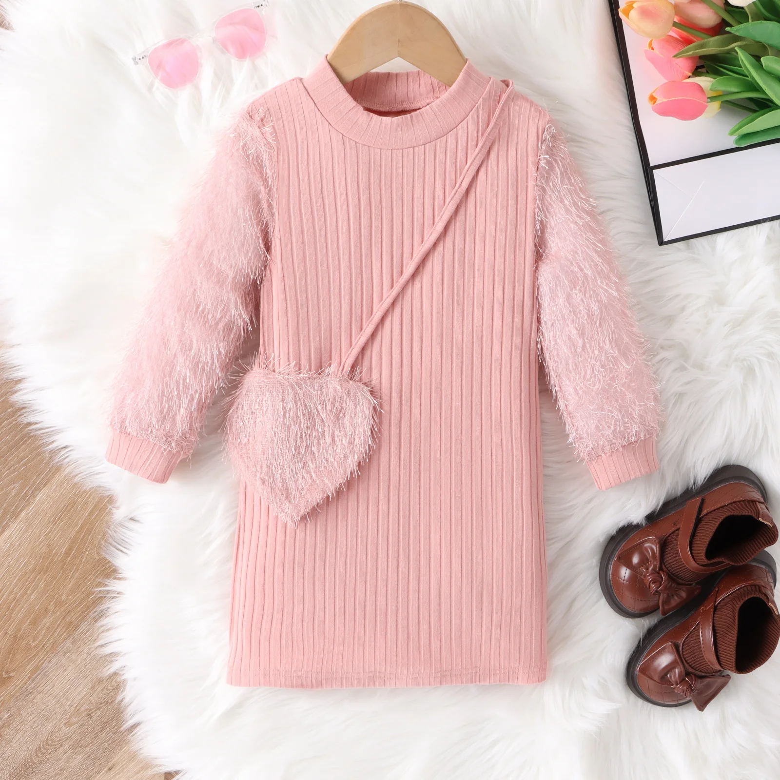 

4-7T Kids Clothes Girls Dress Autumn Winter Warm Knitted Spliced Fur Long Sleeve+Bag Slim Fit Dress Korean Fashion Girl Clothing