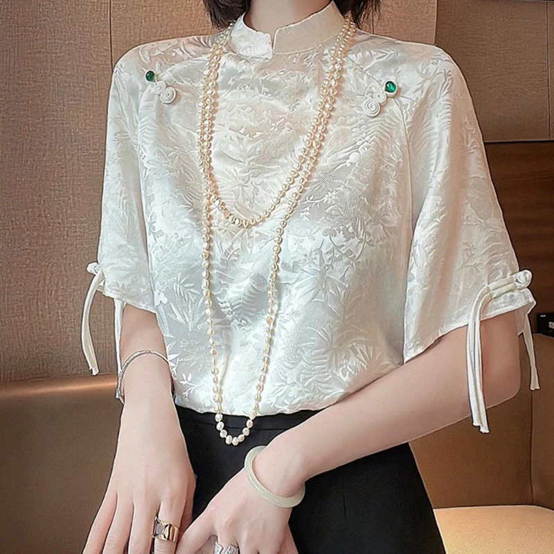 Chinese style stand collar jacquard white silk top women's fashion suit high-end mulberry silk short-sleeved shirt