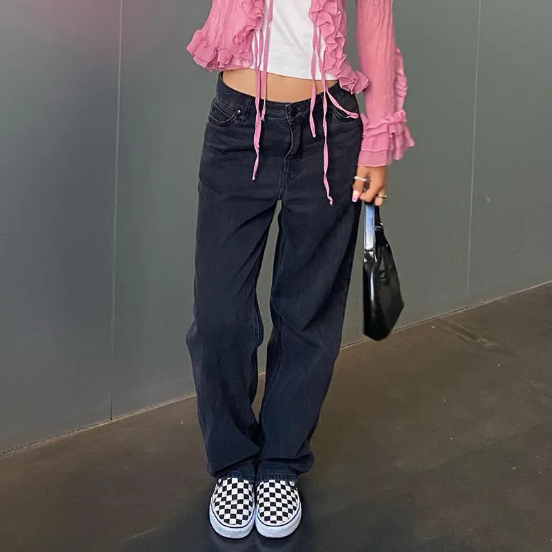 WeiYao Vintage Baggy Denim Jeans for Women Low Waist Straight Casual Pant 2022 Summer Streetwear Fashion Loose Trousers 90s