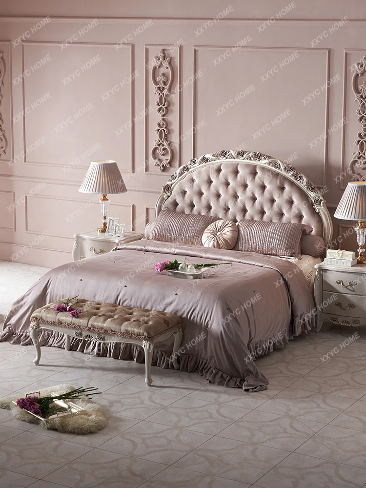 

Court French Furniture European Retro Princess Bed High-Grade Pink Solid Wood Soft Bag Pull Buckle Bed
