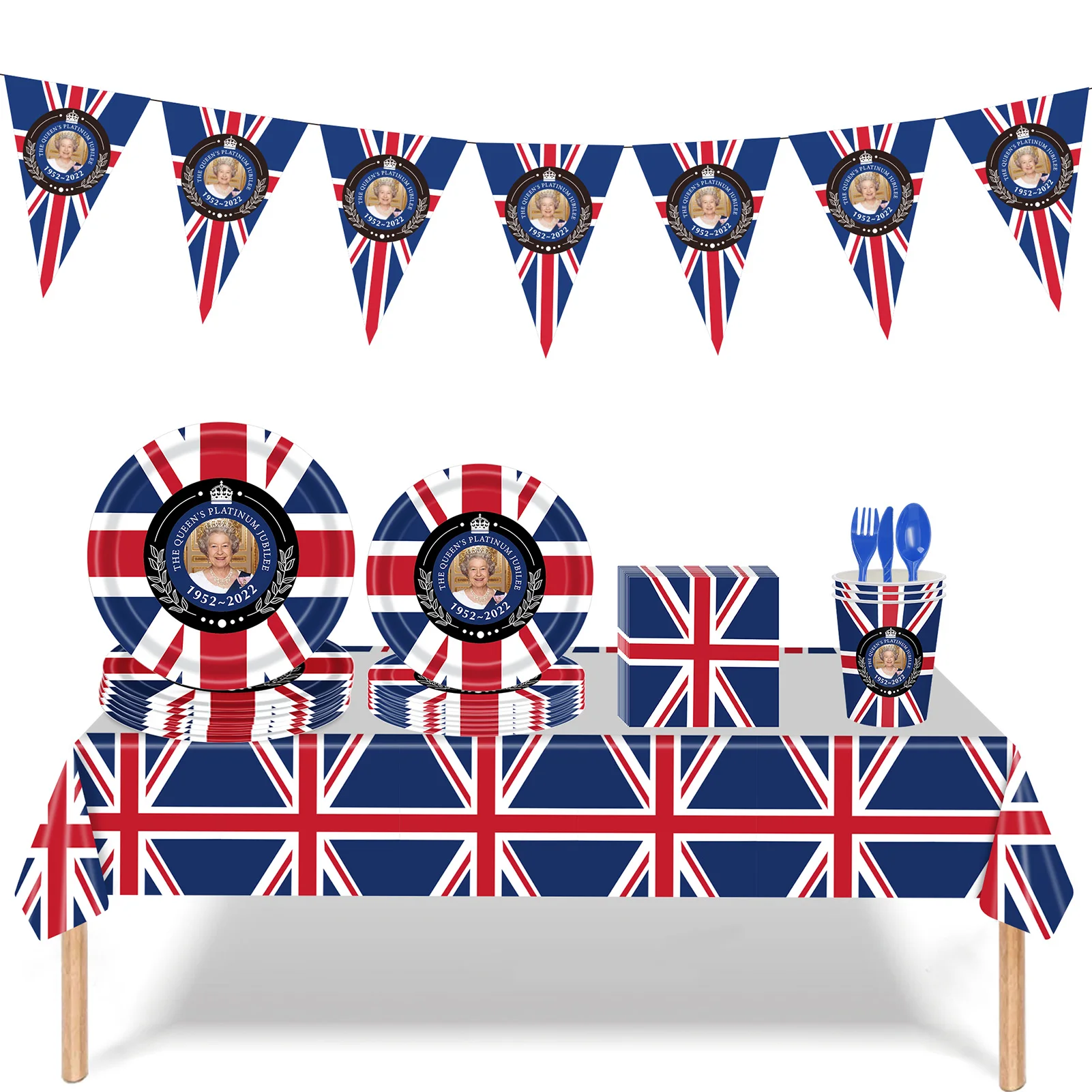

118Pcs British Flag Tableware Kit Union Jack Plates And Cups And Napkins Kit Union Jack Tablecloth/Plates/Cups/Napkins/Bunting