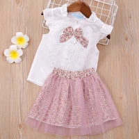 new childrens clothing girls short sleeved suit bow mesh skirt two piece set