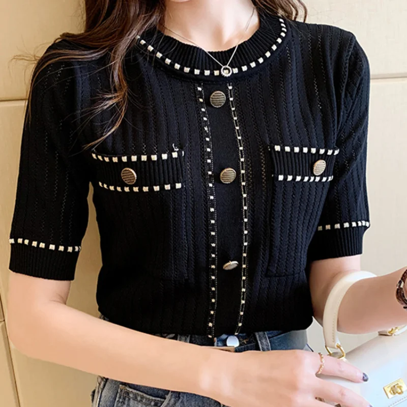 

Short Sleeve Crop Tops Ladies Pockets Basic T Shirts Knitted Casual Clothes Tee Shirt Femme Women Summer 2023 White Tshirts