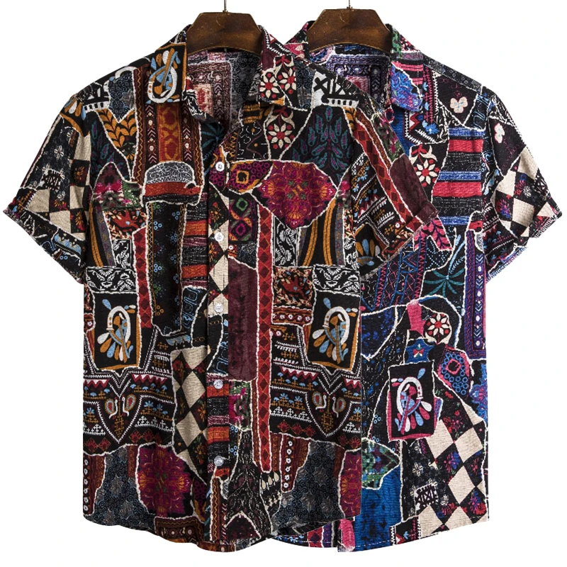 Men's Cotton Polyester Summer Short Sleeve Shirt Boho Geometric Pattern Hawaiian Beach Male Shirts Casual Blouse For Men