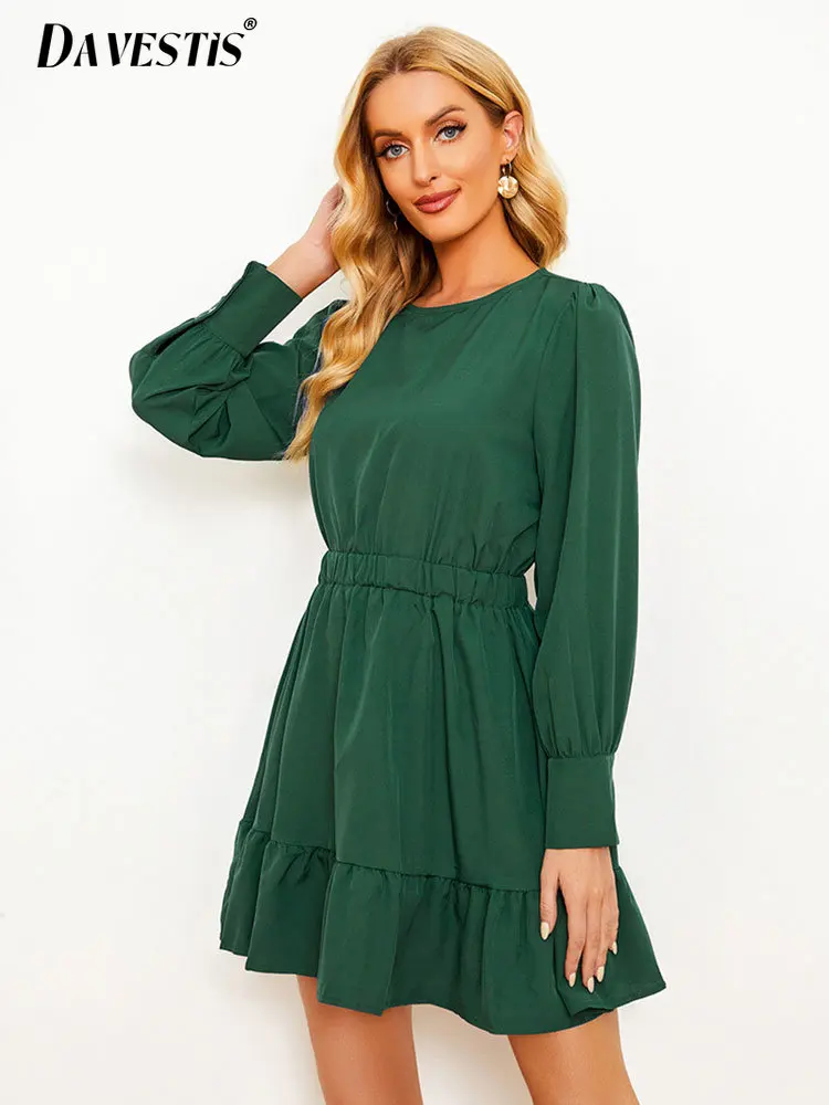 

Green Round Neck Dress for Women's 2023 Spring Summer Casual Simple Long Sleeve Ruffled Dresses Women's Solid Color Basic Dress