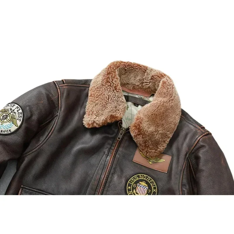 Мужская винтажная куртка из натуральной коровьей кожи красно-коричневая летная