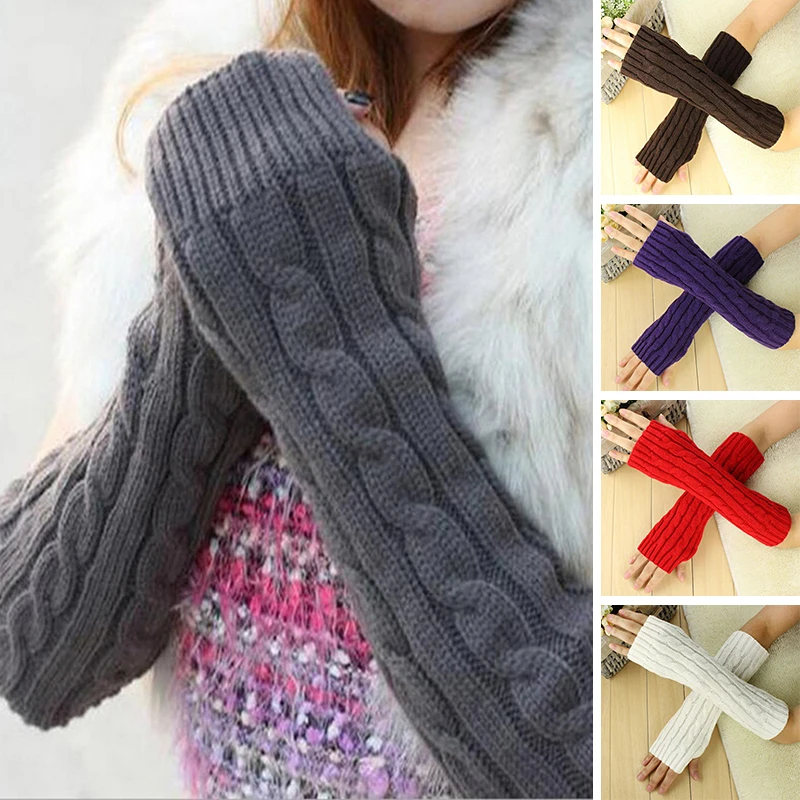 

Winter Women Arm Warmers Knitted Woolen Arm Sleeve Fine Long Knitted Fingerless Gloves Casual Warm Soft Female Gloves Hot Sale
