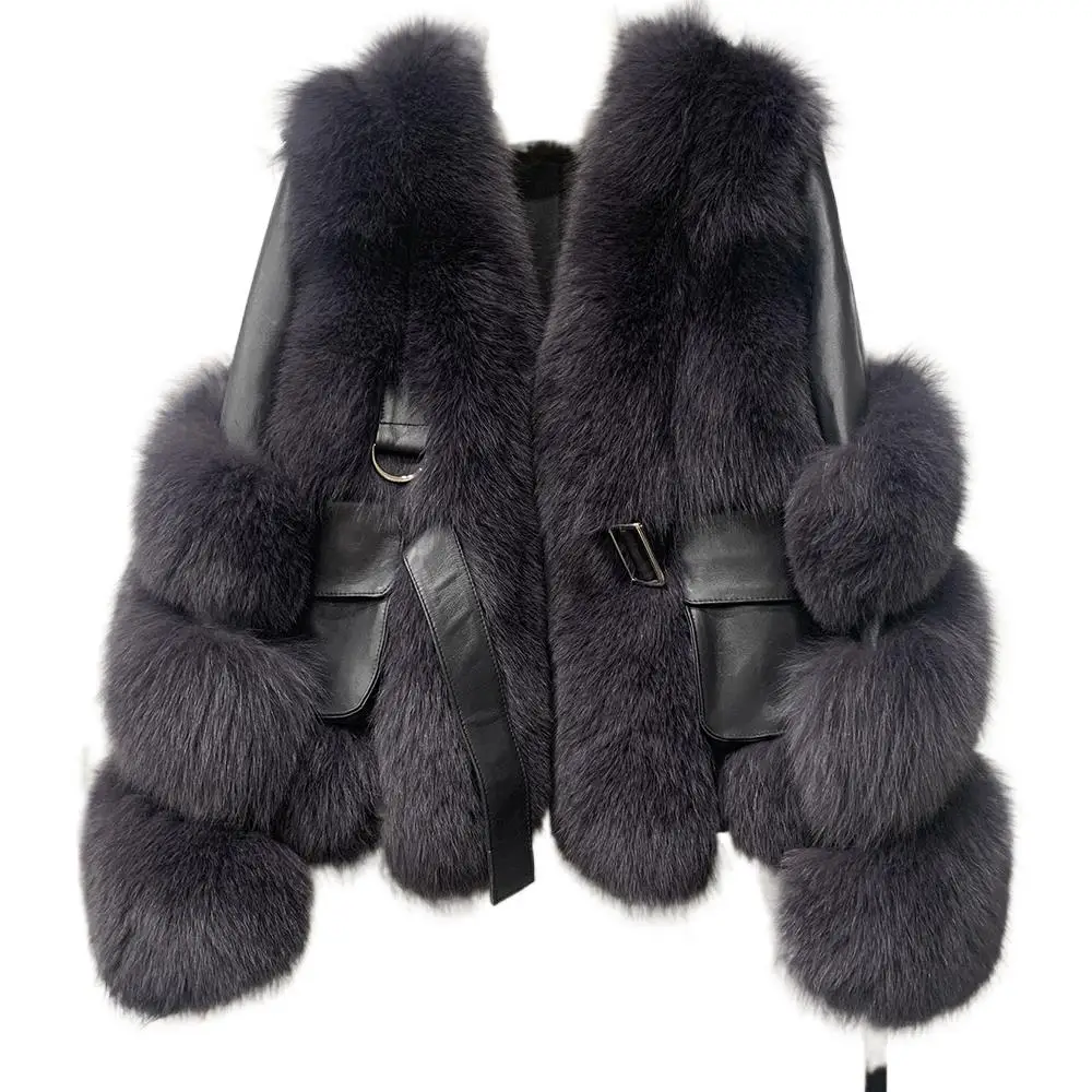 Enlarge Women's Genuine Sheepskin Leather Jackets With Fox Fur Winter Thick Warm Fashion Ladies Coats Luxury Fluffy Short Overcoats