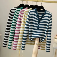 2022 autumn new black white stripe long sleeve v neck sweater womens korean slim pullover sweater womens wear