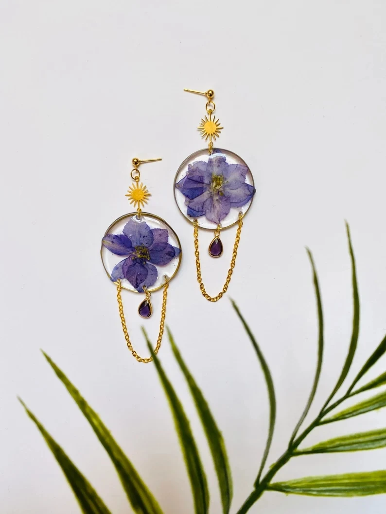 

Lilac Larkspur Dangle Earrings Real Pressed Flower Earrings Jewelry Resin Botanical Bohemian