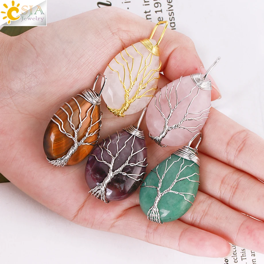 Tree of Life Pendant Natural Stone Wire Wrapped Crystal Pendants for Necklace Pink Quartz Tiger Eye Amethysts Clear Quartz H042