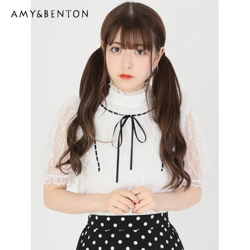 

Новая японская кружевная рубашка Rojita на весну и лето, полуводолазка в стиле ретро, нижняя одежда, блузки, Женская милая рубашка в стиле "Лолита"