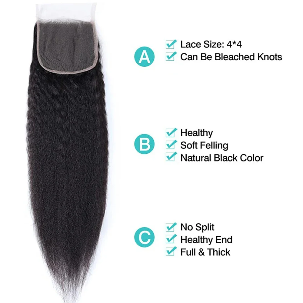 Кудрявые прямые человеческие волосы 3 пучка с кружевной застежкой 4x4 свободная