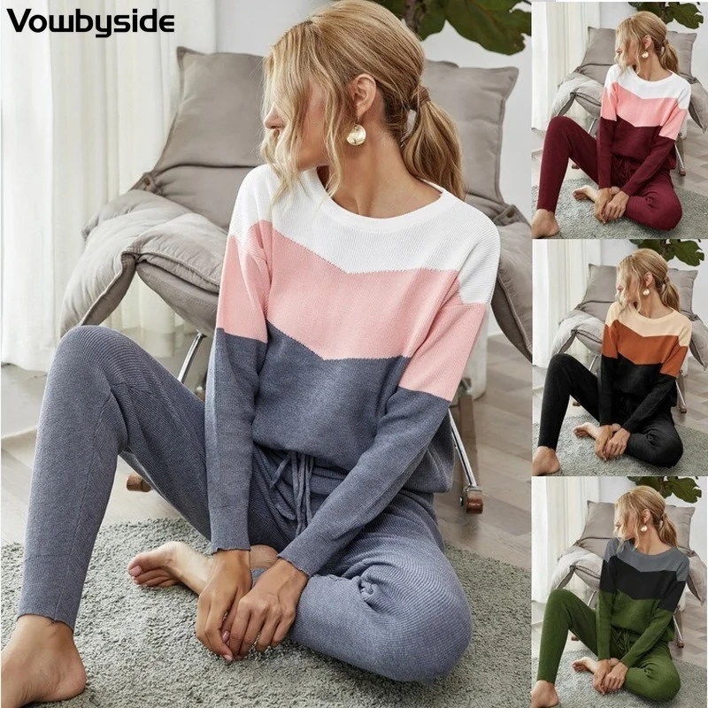Spring and Autumn Women's Set Stripe Long Sleeved Round Neck Sweaters Knitted Casual Pants Two Piece Suit