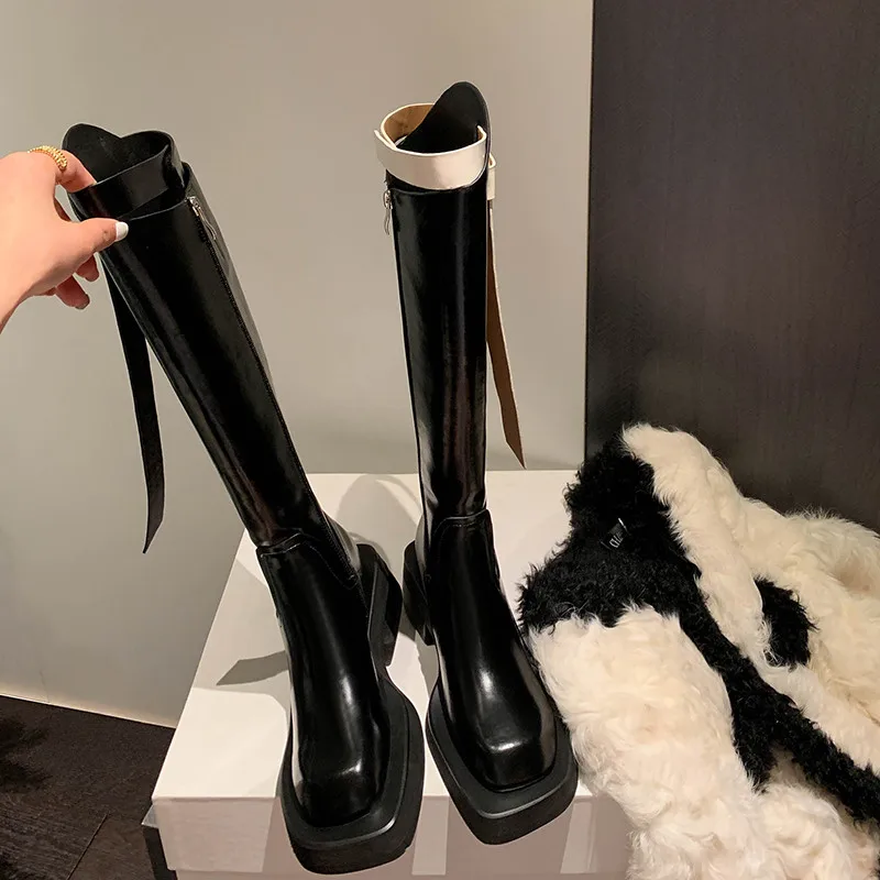 

Fashion Knee-high Women Boots New High Quality Leather Square Patchwork Color Belt Buckle Platform Bboots Daily Modern