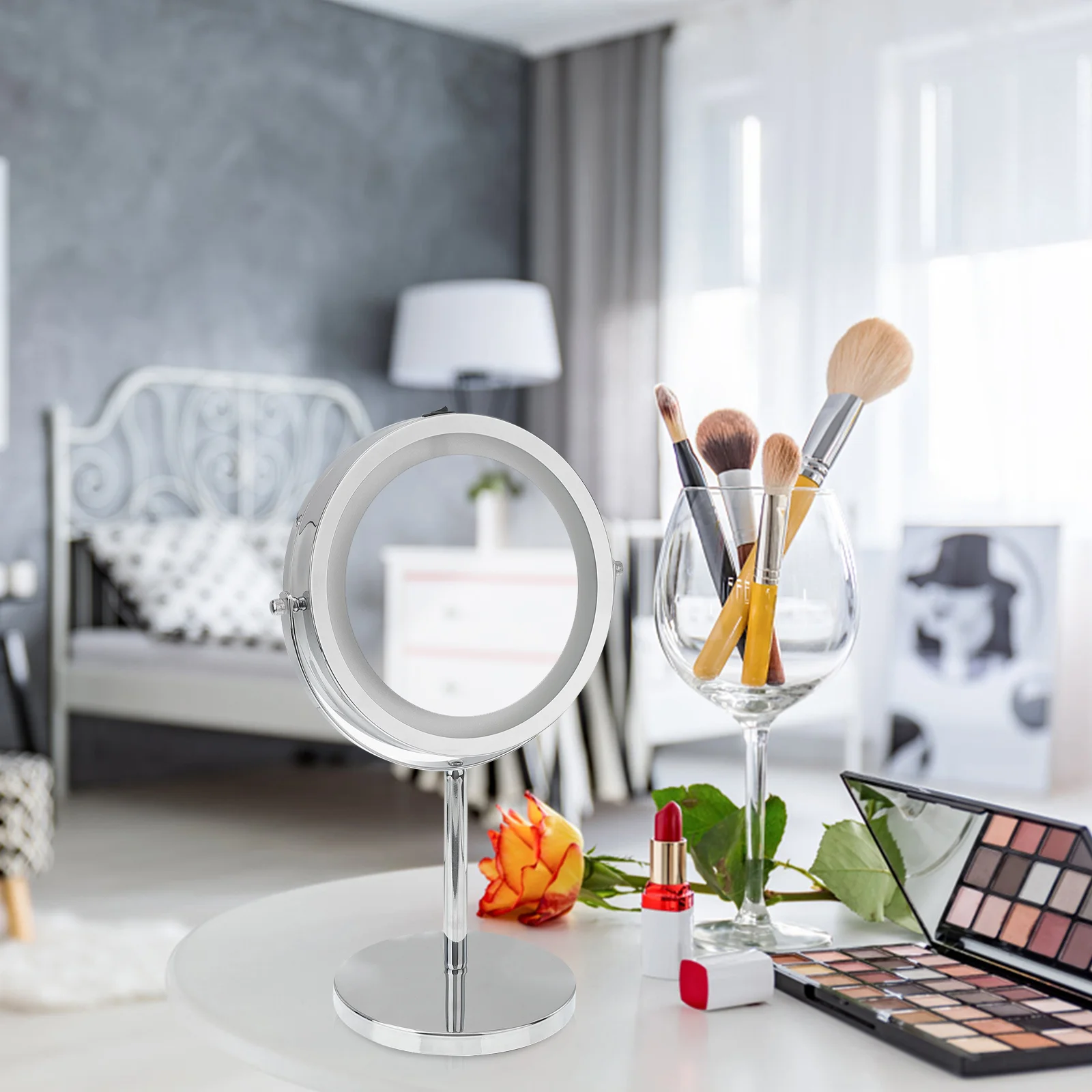 

Mirror Standing Makeup 10X Ring Free Stand Hand Close Light 360 Face Degree Small Magnification Vanity Swivel Rotation Mirro