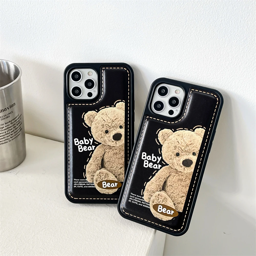 

Original Cartoon Cute Baby Bear Case For IPhone 13 Pro Max 12 11 X Xs Xr Grils Women Fashion Brand Black Creative Leather Cover