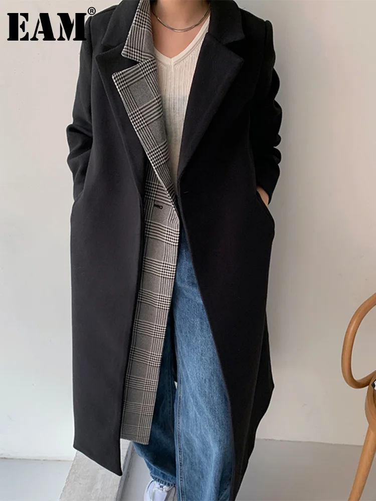 

[EAM] свободный крой, черный пояс, клетчатое пальто большого размера, шерстяное пальто, парки, новая женская мода с длинным рукавом, Осень-зима ...