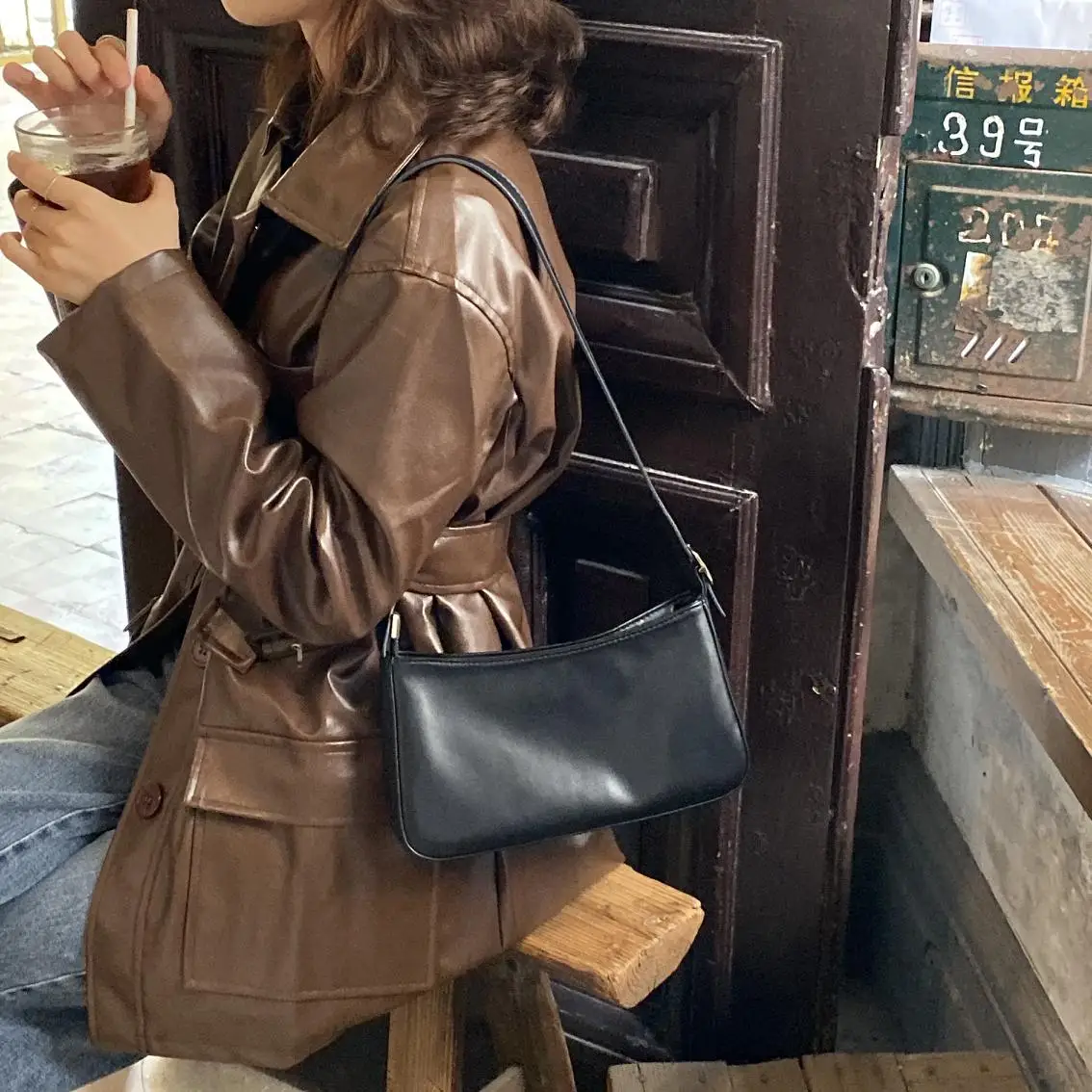 Women Autumn Spring Leather Cost Jacket Cool Girl Leather Black Coffee Turn-Down Collar Blazer+Female Green Turtleneck Sweater