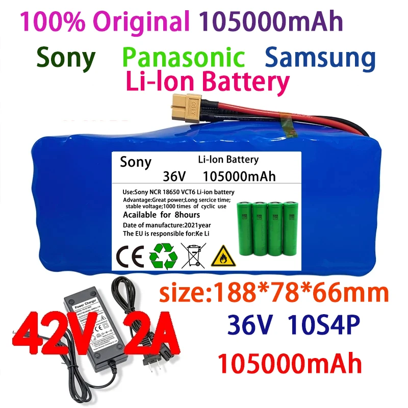 

100%Original 36V battery 10S4P100Ah battery pack 500W high power battery 42V 100000mAh Ebike electric bike BMS+42V2A Charger