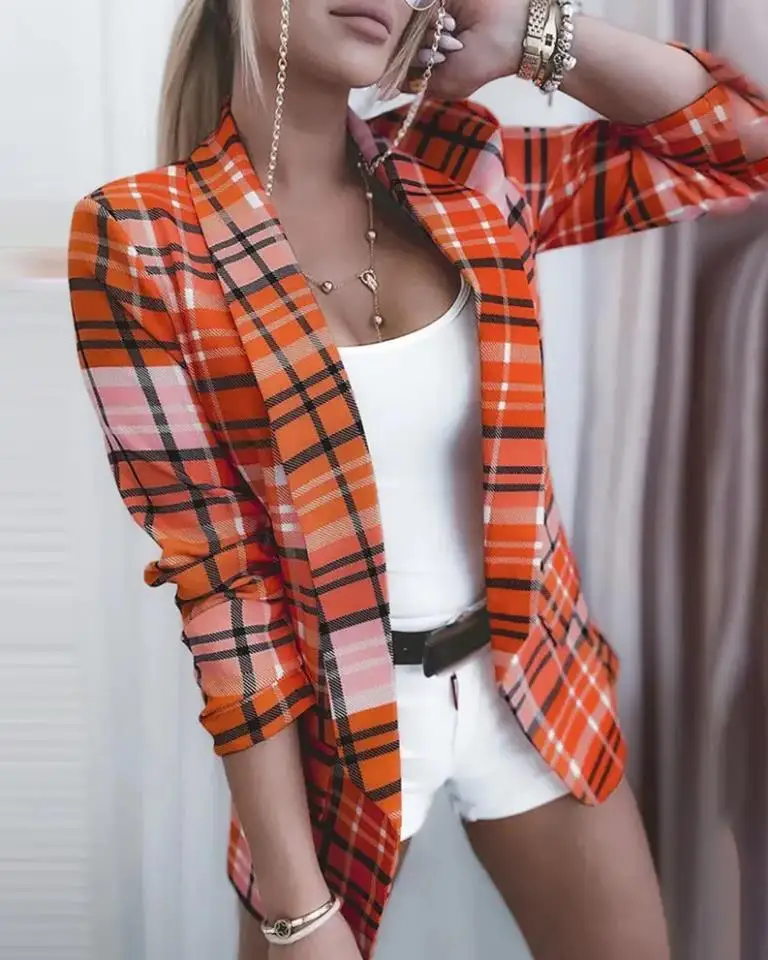 Fashion Office Ladies Blazer Ladies Jacket Chic Vintage Long Sleeve Pockets Fall Casual Check Print Flap Detail Shawl Collar