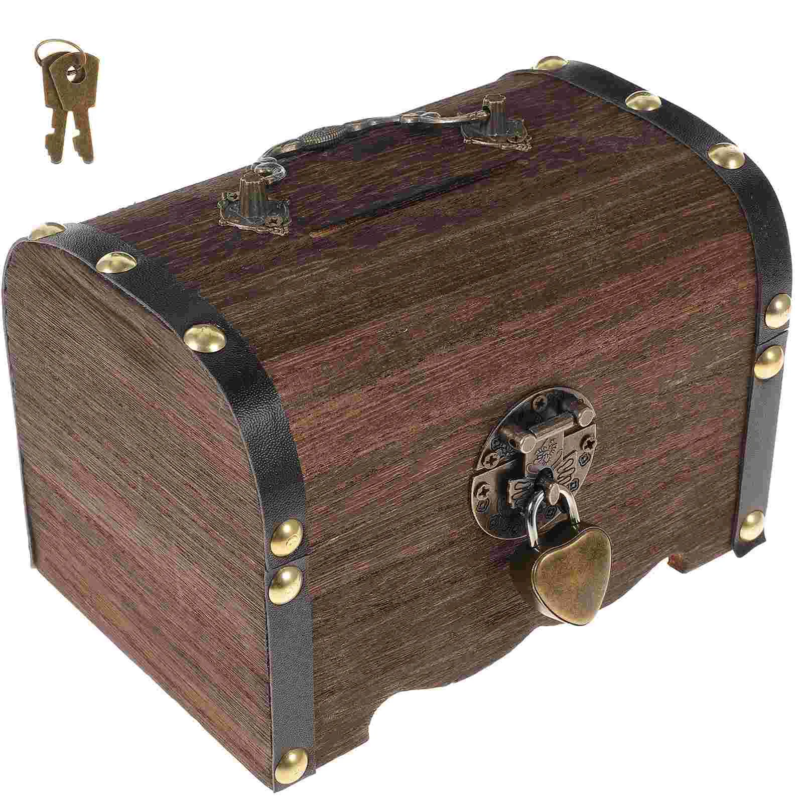 

Box Wooden Treasure Bank Wood Jewelry Money Coin Pirate Kids Storage Saving Keepsake Decorative Vintage Stash Piggy Gift Savings