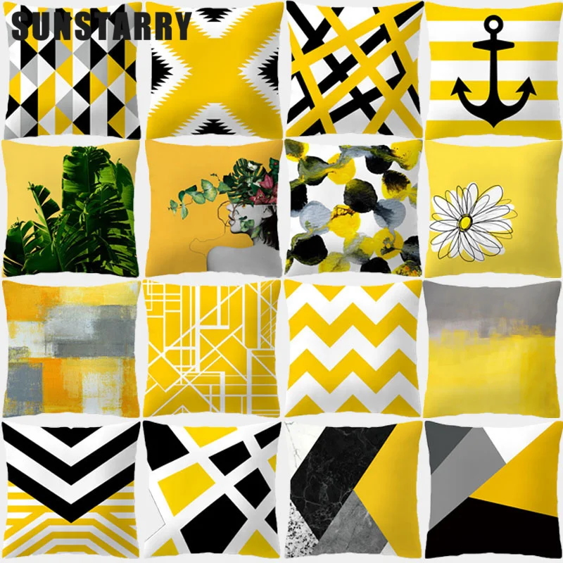 

Yellow Geometric Cushion Cover 45x45cm Pillowcase Polyester Decorative For Sofa Flowers Pillow Cover Funda Cojin Cojines
