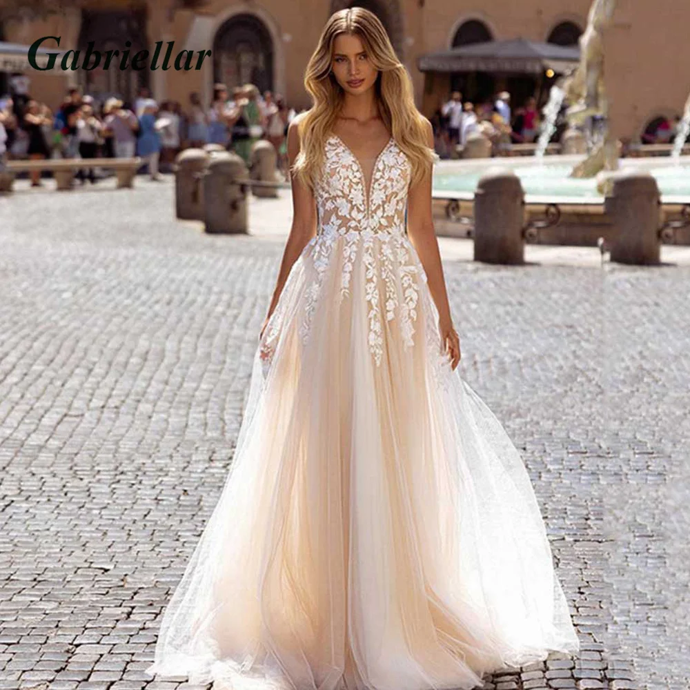 

Gabriellar Classic Wedding Gown For Brides V-Neck Appliques Beads Sleeveless Backless A-line Illusion Abito Da Sposa Customized