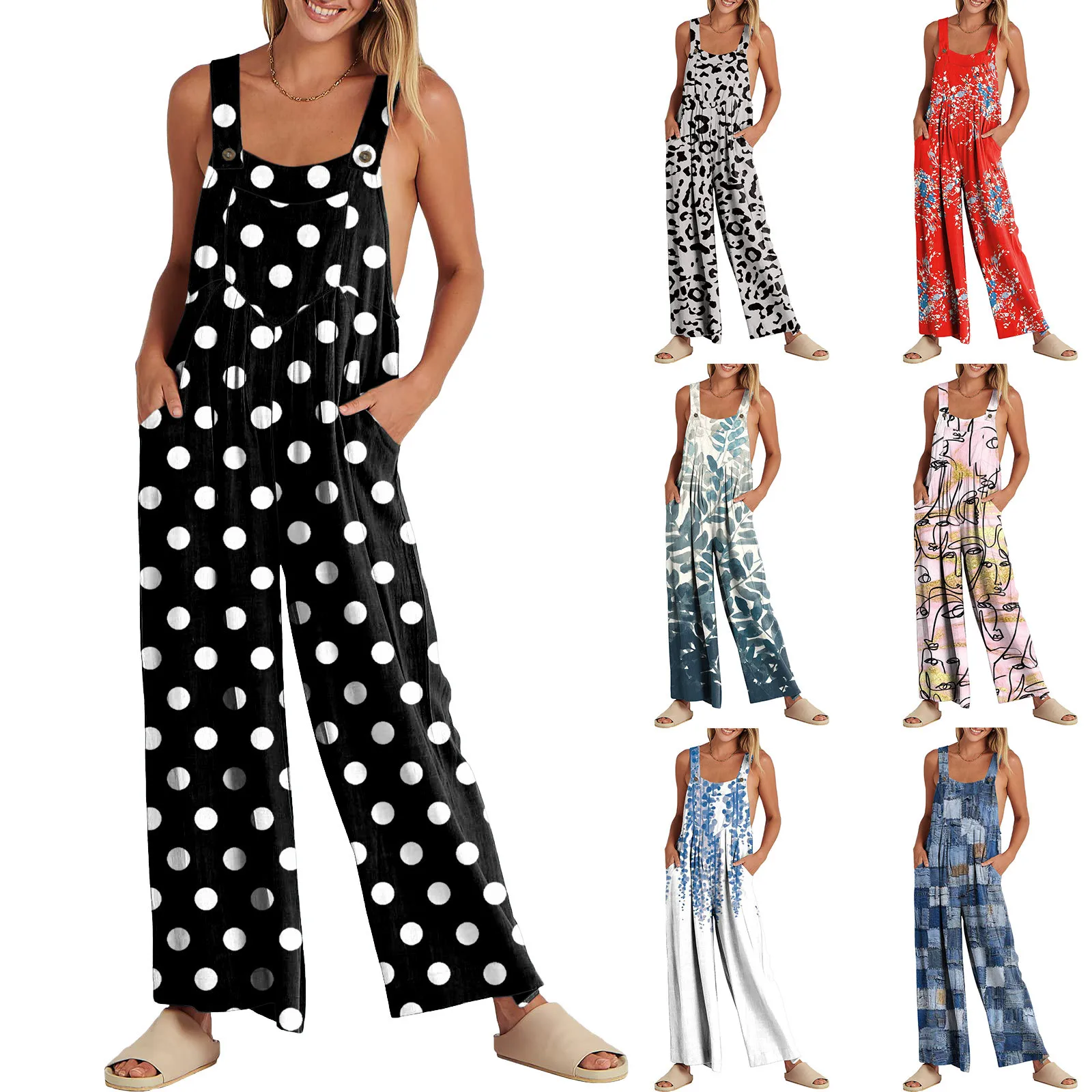 

Women Fashion Jumpsuits Summer Wide Leg Bib Overalls Multicolor Square Neck Sleeveless Casual Romper With Pockets Girls Playsuit