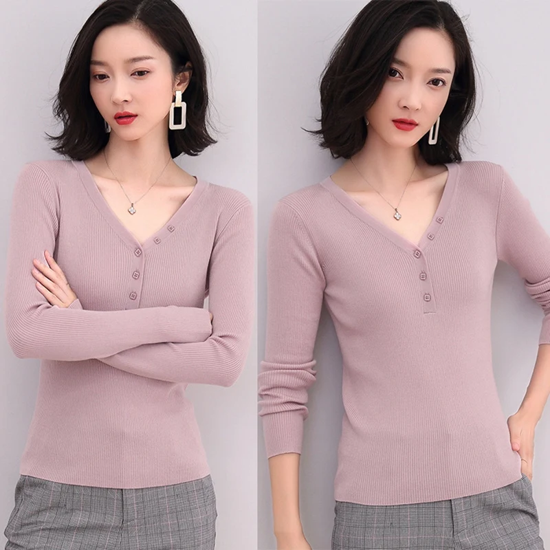 

Spring Fall New Knited Sweater Women Slim Pullover Long Sleeve V-Neck Knit Bottoming Shirt