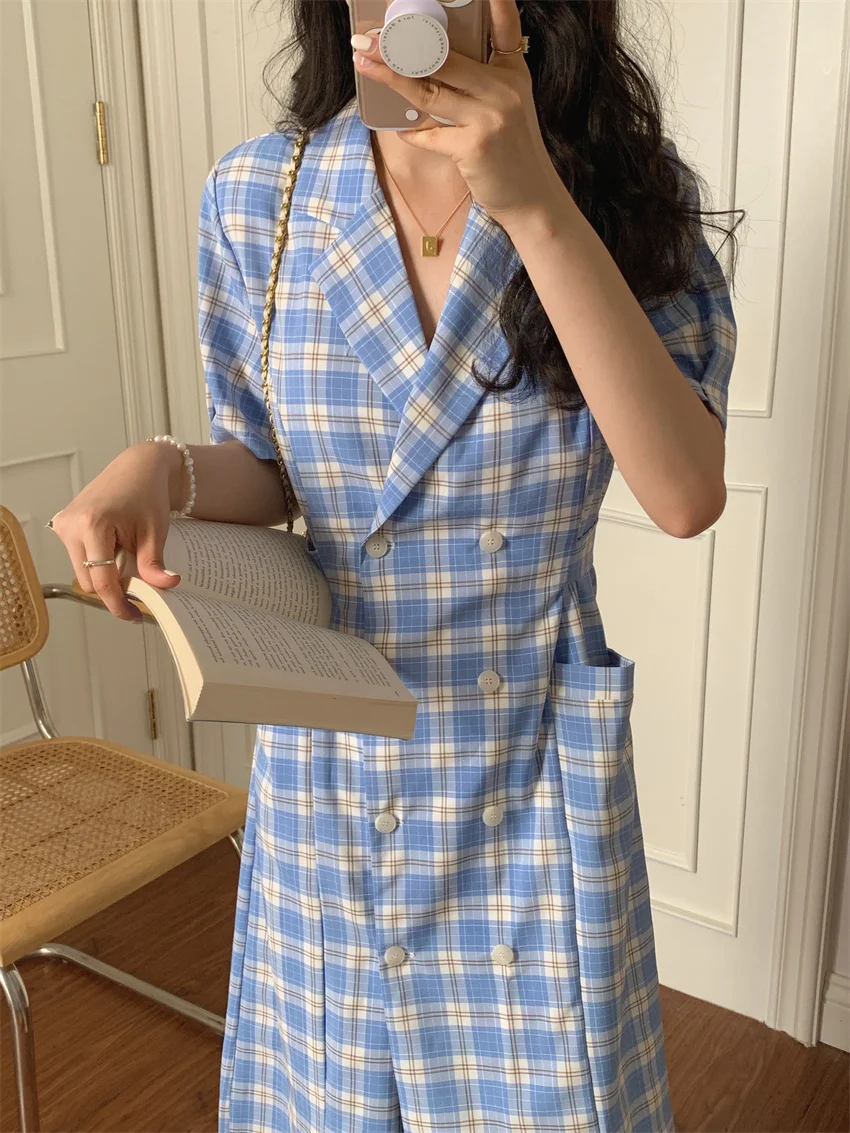 

Летнее элегантное платье-блейзер HziriP 2022, женское клетчатое модное универсальное уличное платье с высокой талией и коротким рукавом, шикарн...