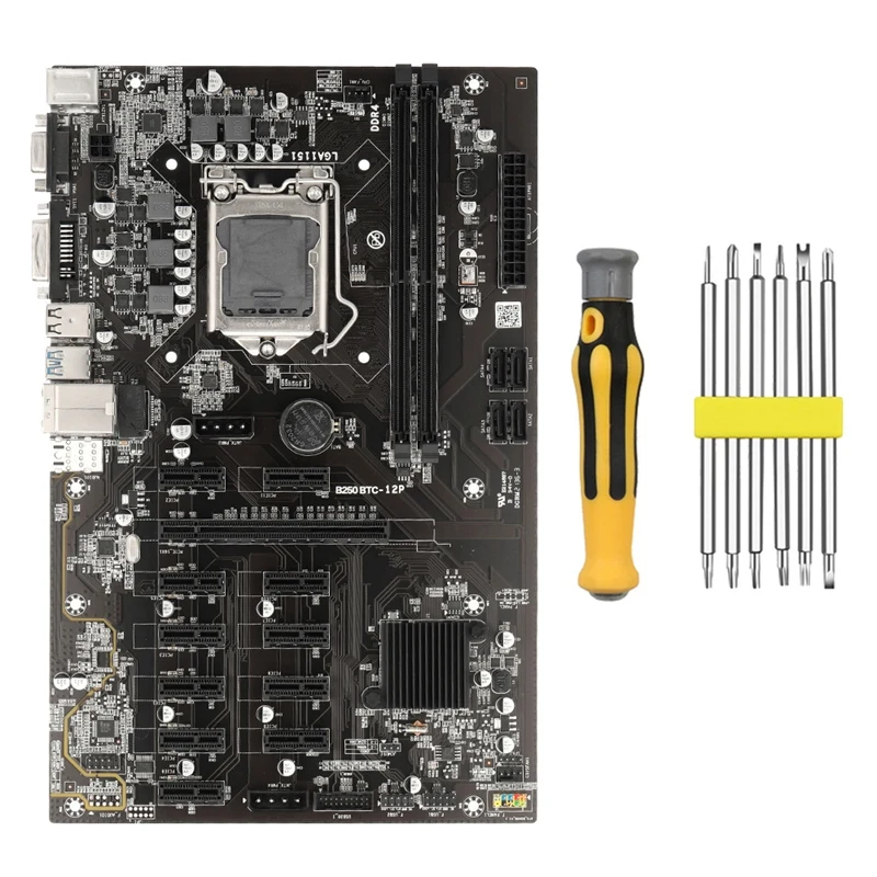

B250 BTC Mining Motherboard With Installation Tool 12 PCIE To USB3.0 Graphics Card Slot LGA1151 Supports DDR4 DIMM RAM