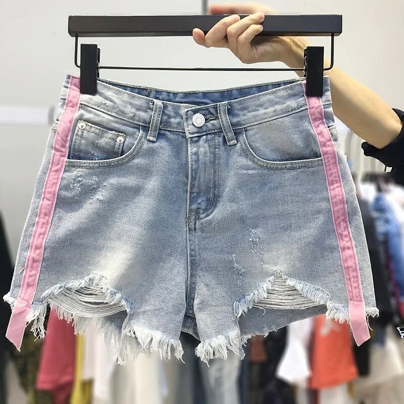 Korean  wide-leg a-line hot pants student large size hole tassel denim shorts women's summer loose and thin burrs