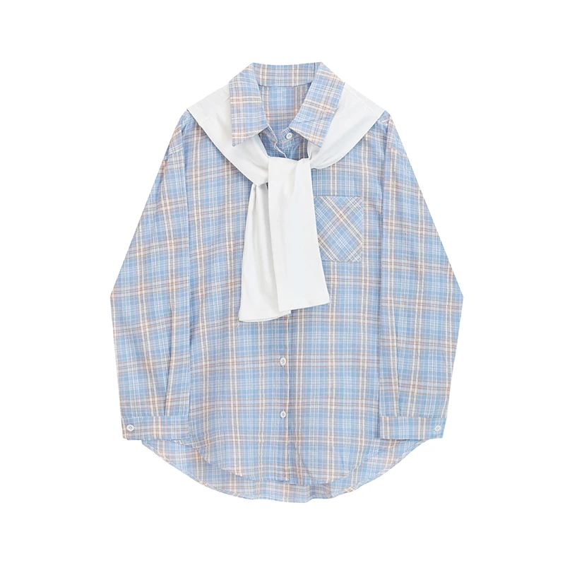 

SuperAen Autumn Korean Fashion Shawl Single Breasted Plaid Long Sleeve Office Lady Long Sleeve Shirt Top for Women