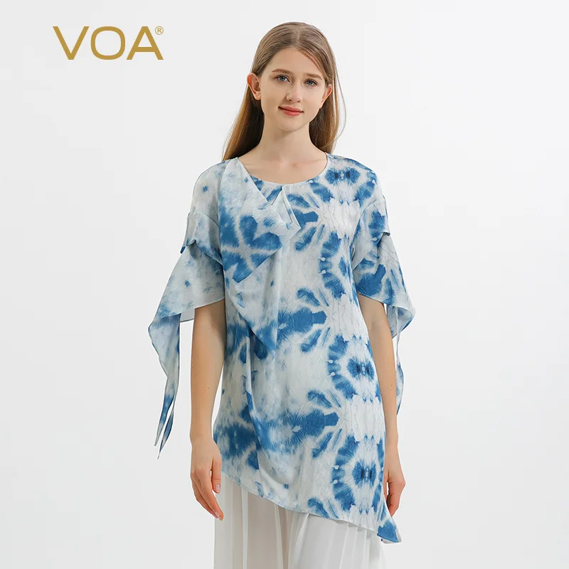 

(Распродажа) VOA жаккардовые шелковые топы с круглым вырезом и короткими рукавами, трехмерные украшения, асимметричные свободные женские футболки BE1068