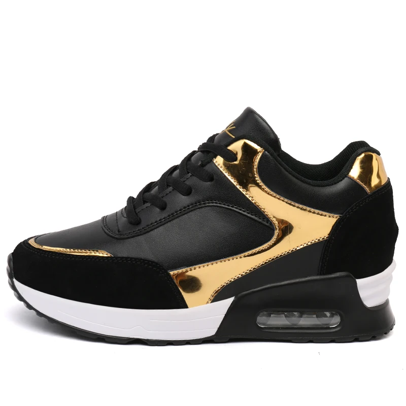 

New Lace Up Casual Shoes Women Running Shoes Gold Glitter Woman Trainer Increased 6cm Size 35-40 Sneakers