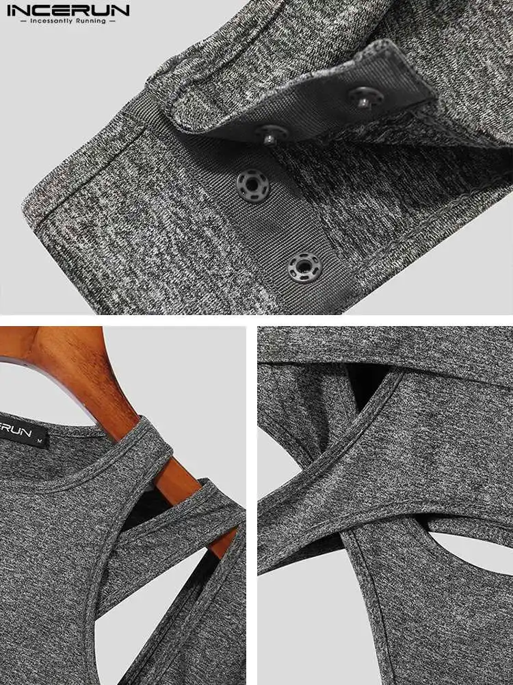 Stylsih Solid All-match Rompers INCERUN New Men's Hollow Onesies Fashio Male Jumpsuit Solid Long Sleeve Triangle Bodysuits S-5XL