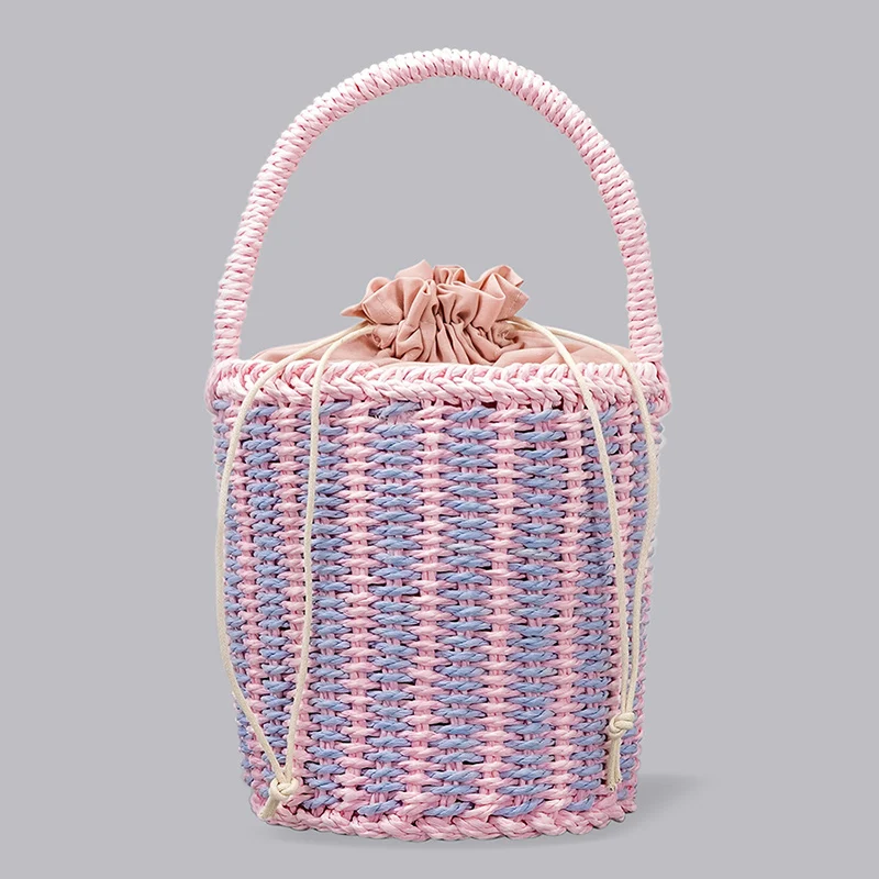 

Rattan Straw Woven Fashion Bag Spring And Summer Vacation New Cute Color Handmade Straw Women's Splice Drawstring Bag XA8H