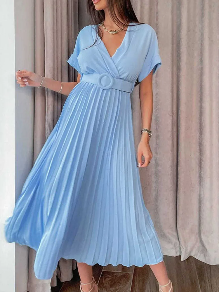 

Простое женское плиссированвечерние вечернее платье с высокой талией, Летнее Длинное платье с коротким рукавом, V-образным вырезом и поясом...