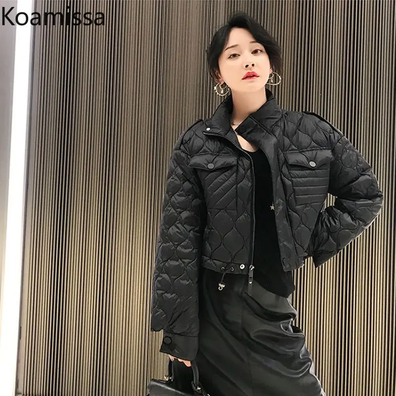 Koamissa Fashion Women Solid Parkas Ladies Thin Warm Winter Zipper Quilted Down Jackets Femme Outwear Wind Breaker Cropped Coats