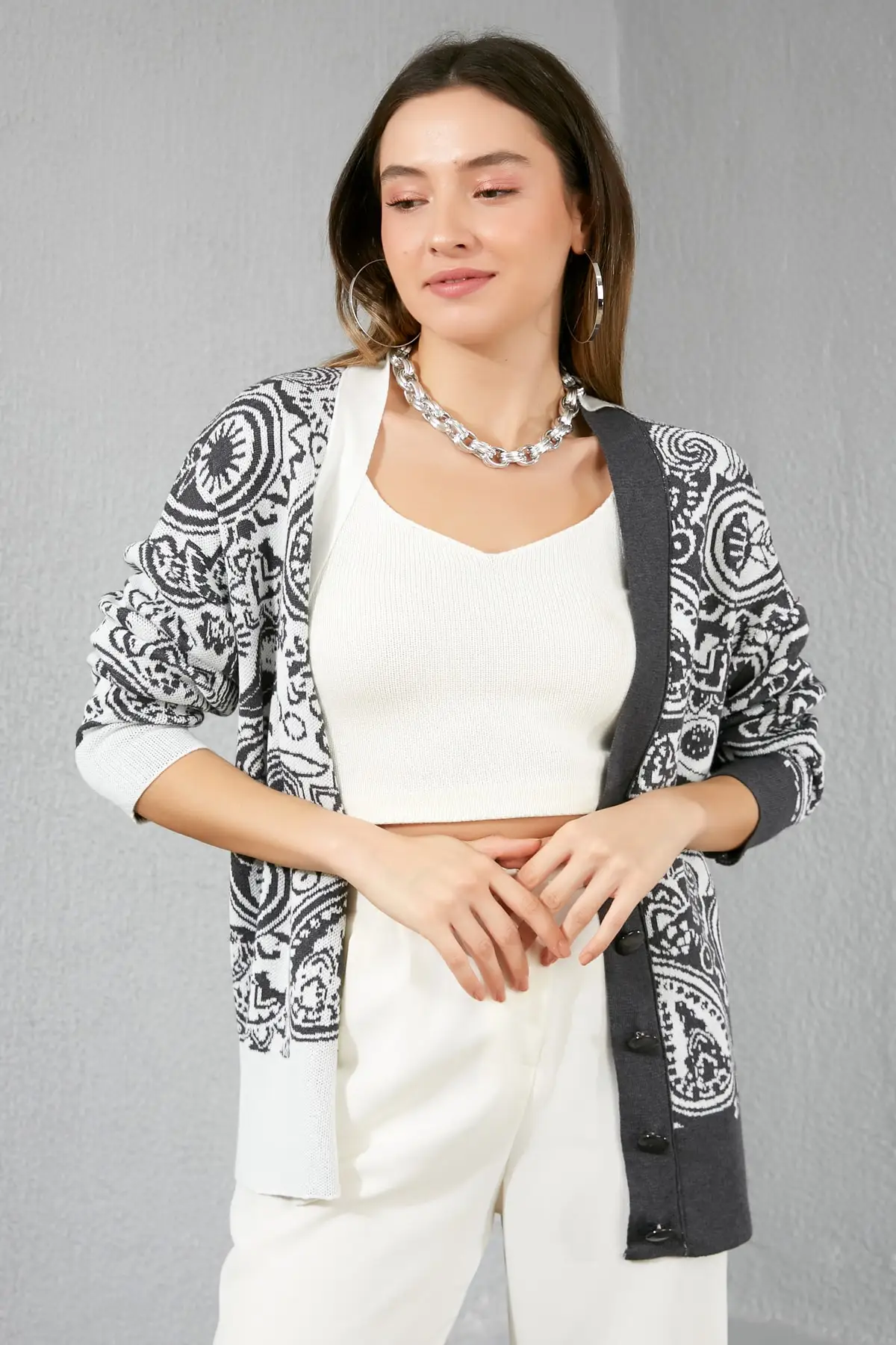 

Women's Cardigan Knıtwear Ecru-Gray Patterned nıgan Casual Knitted Quality Fashion Sweaters Loose Jumper