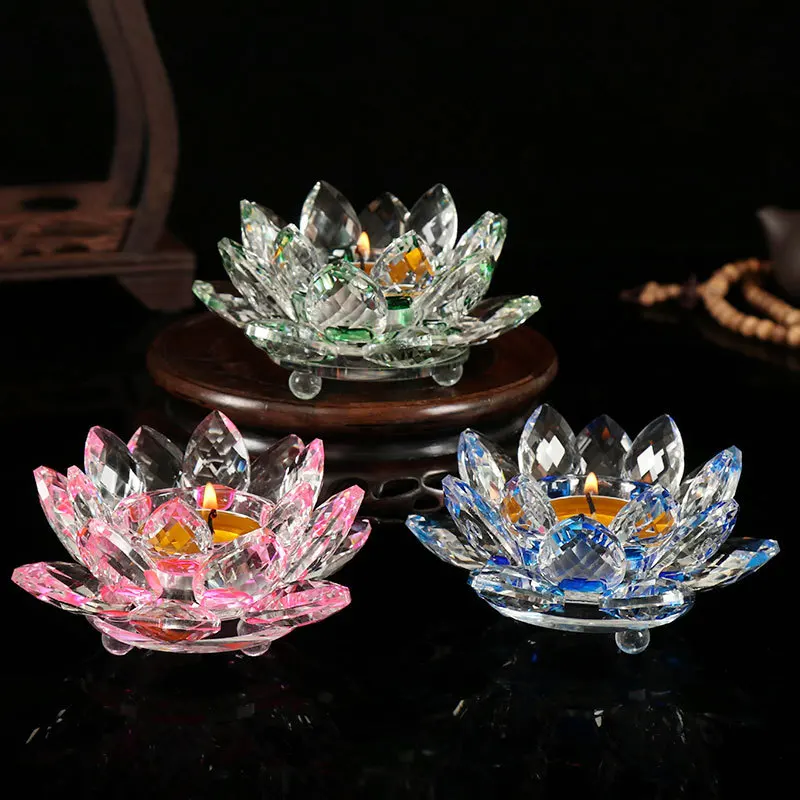 

Lotus Flower Candle Holders Crystal Glass Candlesticks Buddhism Buddha Dining Table Romantic Wedding Bar Party Home Decoration